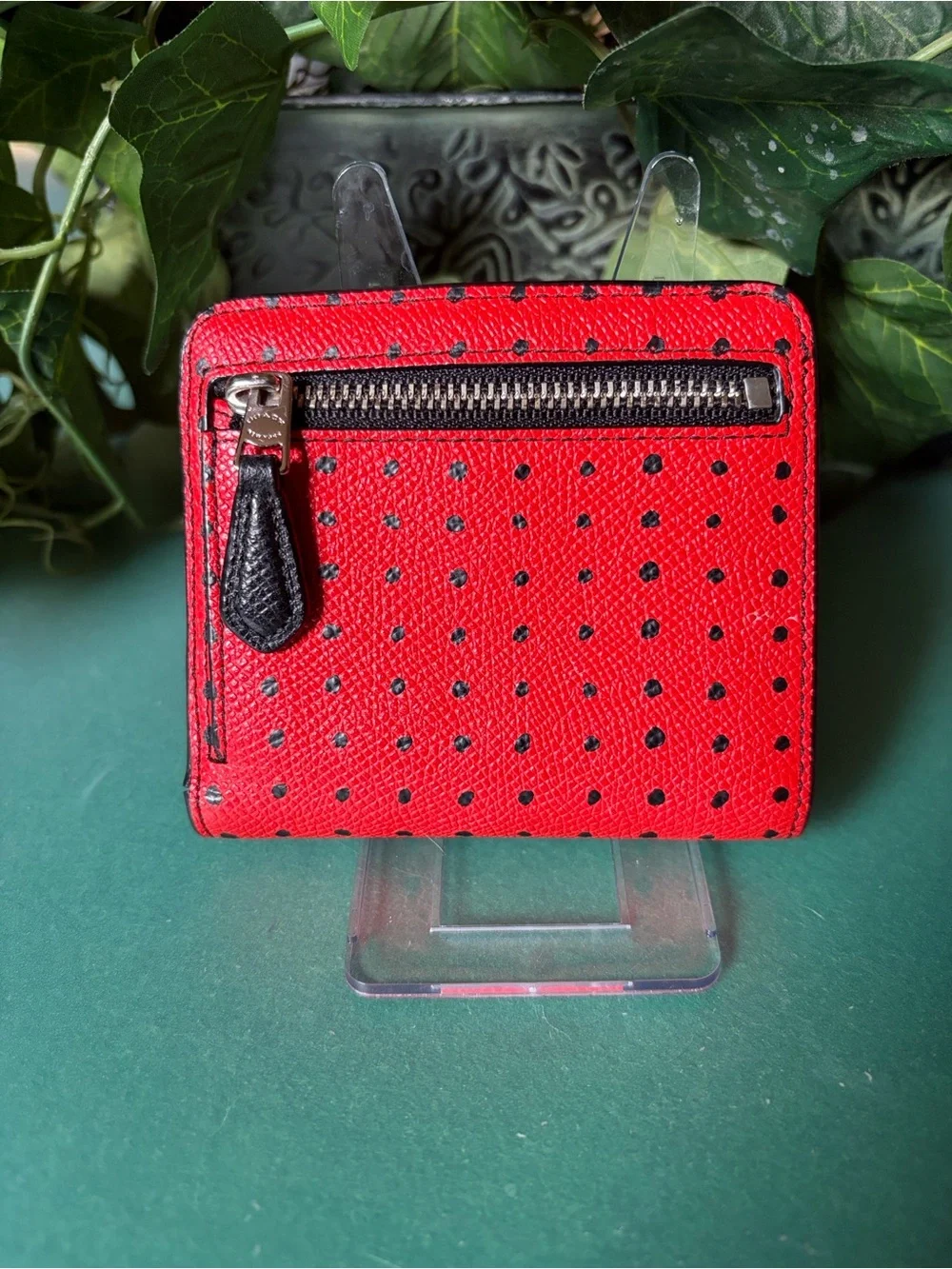 Coach Small Red Leather Snap Wallet with Black Polka Dots